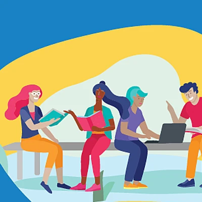 an illustrated graphic showing a group of doing homework